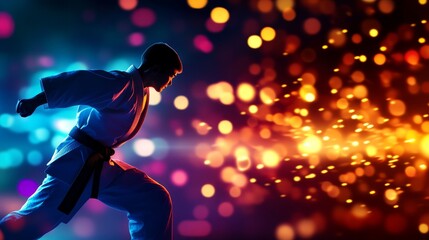 A karate fighter in a white gi with a black belt, demonstrating power and agility. He is striking with a blur of motion against a background of colorful bokeh lights, symbolizing energy, focus, and de