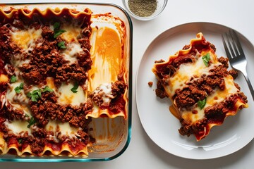 Wall Mural - Juicy Beef Lasagna with Melting Cheese and Minced Meat Filling Isolated on White Background