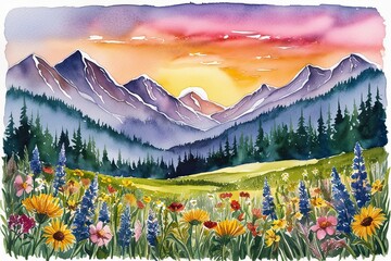 Watercolor Summer Landscape with Wildflowers and Mountains at Sunset