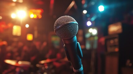 A microphone set up in front of a live audience in a comedy, music, or theater performance setting, emphasizing live entertainment.