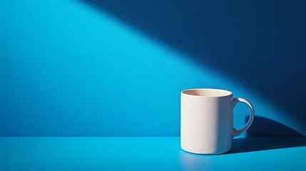 A white mug rests on a vibrant blue backdrop, its pristine surface reflecting the light. The mug's simple, cylindrical shape creates a striking contrast against the rich hue of the background