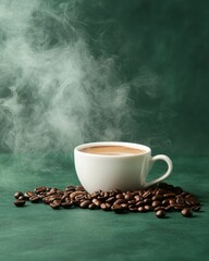 A steaming cup of coffee surrounded by aromatic beans on a green textured background