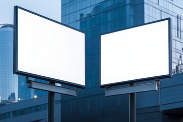 Two blank billboards mounted on a pole in front of a modern office building, perfect for showcasing your brand or message.