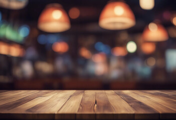 Wall Mural - Empty wood table top on abstract blurred game center shop and nightclub lights background