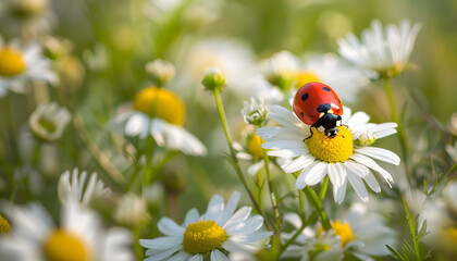 Wall Mural - Ladybug on daisy or camomile flower on bokeh nature background