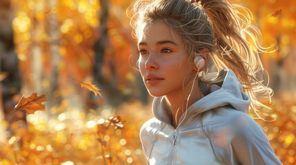 A young woman running with earbuds in an autumn forest. The image captures the essence of an active lifestyle combined with the beauty of fall, emphasizing health and vitality.