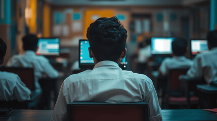 diverse students in a busy classroom learn computer skills, focused on laptops as the teacher guides