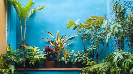 A serene view of vibrant blue walls adorned with lush green plants in a tranquil garden setting