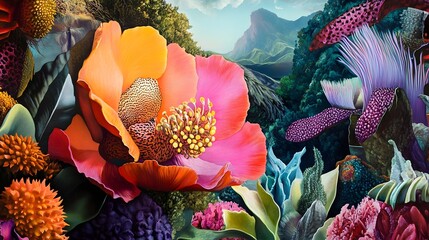 A close-up of exotic flowers blooming amidst an artistic landscape, showcasing intricate details and colors