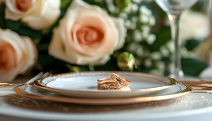 Wall Mural - Elegant gold ring adorned with roses, romantic jewelry display on lavish table, celebrating love and romance during anniversary and Valentines Day festivities