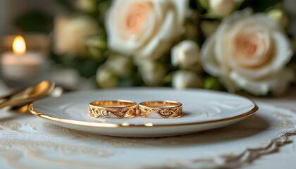 Wall Mural - Elegant gold ring adorned with roses, romantic jewelry display on lavish table, celebrating love and romance during anniversary and Valentines Day festivities