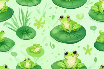 Wall Mural - This seamless pattern features adorable green frogs on lily pads, set against a light green background. Ideal for cute, nature-inspired designs.