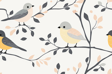 Wall Mural - Seamless pattern featuring birds perched on branches with leaves in soft pastel shades. The minimalist and gentle design evokes a sense of calm and nature.