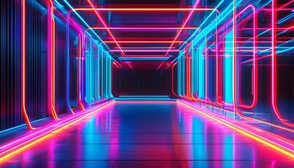 Wall Mural - Vibrant Neon Lines Creating a Dynamic Digital Cyber Network with a Futuristic Product Background