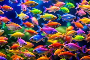 A colorful school of fish swimming in a tank. The fish are of various colors, including yellow, orange, and blue. The scene is lively and vibrant, with the fish swimming in a coordinated manner