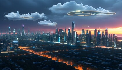 Wall Mural - Futuristic skyline of a smart city featuring illuminated cloud computing infrastructure and advanced technology elements