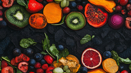 Wall Mural - Rich seamless pattern with realistic fruit slices and dark background, offering a vibrant and textured look. Perfect for culinary themes, kitchen decor, or food packaging.