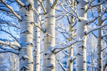 Close-up of snow-covered aspen tree branches in winter Colorado