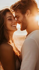 A couple smiling and enjoying each other's company on a beach at sunset, radiating love and happiness