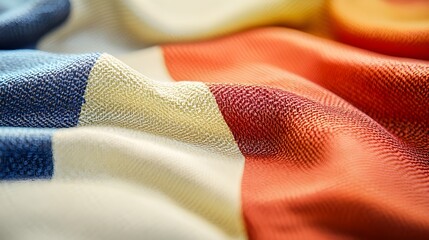 A close-up of a textured flag fabric, showcasing intricate details and colors, set against a smooth light background