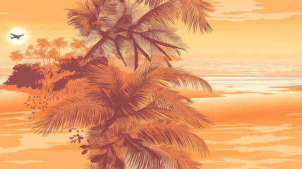 Warm sunset scene over a tropical beach with palm trees, capturing the essence of summer, perfect for relaxing and exotic designs.