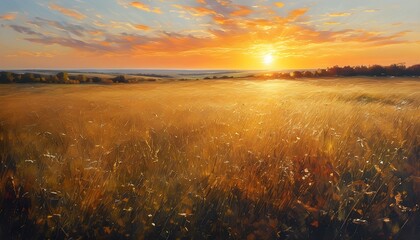 Wall Mural - Serene summer meadow bathed in golden sunset glow, showcasing the tranquil beauty of nature with a soft palette of warm autumn hues