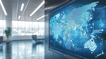 Leinwandbilder - Modern office workspace with a large digital world map displayed on a screen, illustrating global business connections and technology integration. Close-up photo with clean background