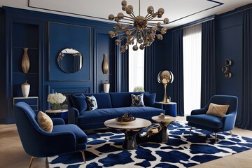 Wall Mural - Mesmerizing Navy Blue Couch in a Unique Living Space with Striking Interior Design 3D Rendering