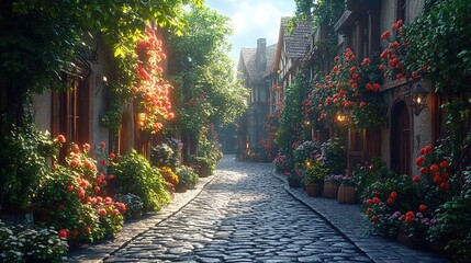 A cobblestone alleyway in an old European town