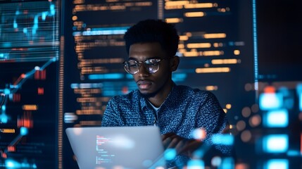 Wall Mural - a focused individual coding on a laptop, surrounded by digital displays and tech gadgets, emphasizin