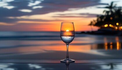 twilight toast: wine glass reflection on tropical beach sunset