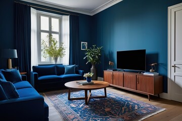 Canvas Print - Nighttime Dark Blue Living Room Featuring Sofa and TV on Wooden Cabinet