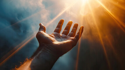 Wall Mural - A divine hand reaching down from sky, surrounded by light and clouds