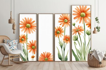 Watercolor Orange Daisy Floral Art Print Vertical Nursery Decor