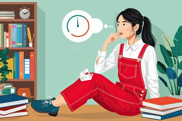 Wall Mural - Fashionable Asian Girl in Vibrant Red Overalls Contemplating Important Choices in a Three-Dimensional Illustration