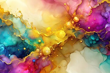 Wall Mural - Colorful abstract alcohol ink artwork with gold background