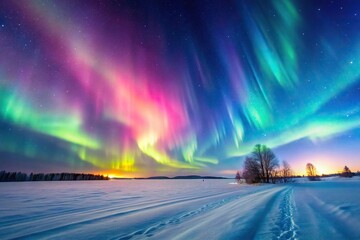 colorful aurora borealis northern lights in the sky above snowy fields