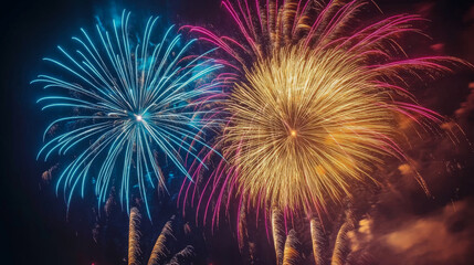 Wall Mural - Beautiful fireworks explode against the night sky in Quebec, Canada. The colorful bursts create a stunning display, leaving room for you to add text.