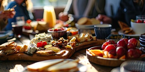 Canvas Print - Closeup of people enjoying various snacks near a table during a coffee break.