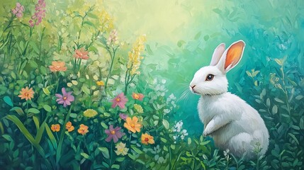 Wall Mural - A white rabbit curiously explores a vibrant flower garden during a sunny spring day in a lush landscape full of blooming plants