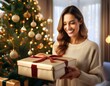 © Lisa-Marie - Weihnachtsgeschenkübergabe vor leuchtendem Weihnachtsbaum mit festlicher Stimmung