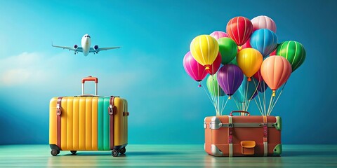 Colorful travel scene with suitcases, balloons, airplane, blue background