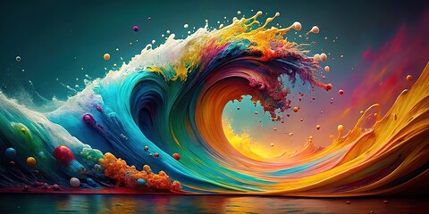 Wall Mural - Colorful wave painting with paint splatters