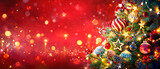 Fototapeta Morze - Christmas Tree In Red Shiny Glittering Background -  Baubles Hanging On Fir With Abstract Lights