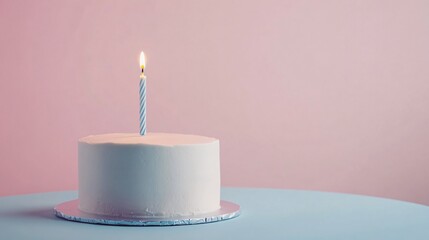 Modern minimalist cake with smooth white icing and a single lit candle, set against a pastel background