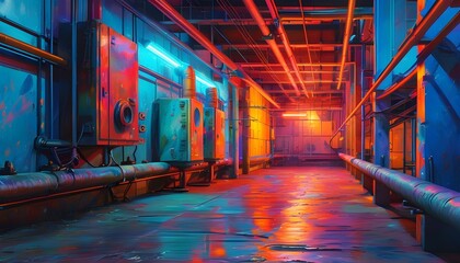 Moody Industrial Setting with Flickering Fluorescent Glow and Vibrant Colors Offering Ample Copy Space