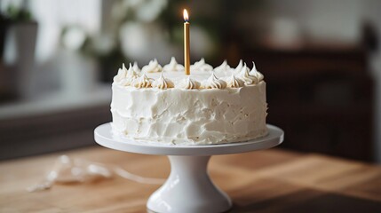 Simple, round cake with white icing and a single gold candle, placed on a modern minimalist cake stand