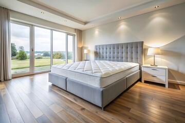 Wall Mural - Contemporary bedroom interior with box spring bed viewed from below