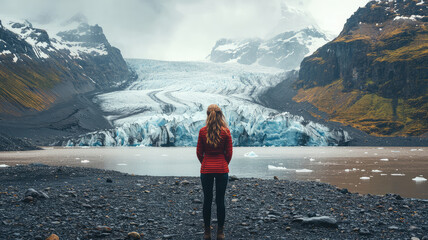 Sticker - A woman standing in wonder in front of massive glacier, surrounded by natures beauty