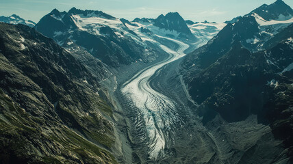 Sticker - Aerial view of mountain glacier winding through rugged peaks, showcasing natures beauty